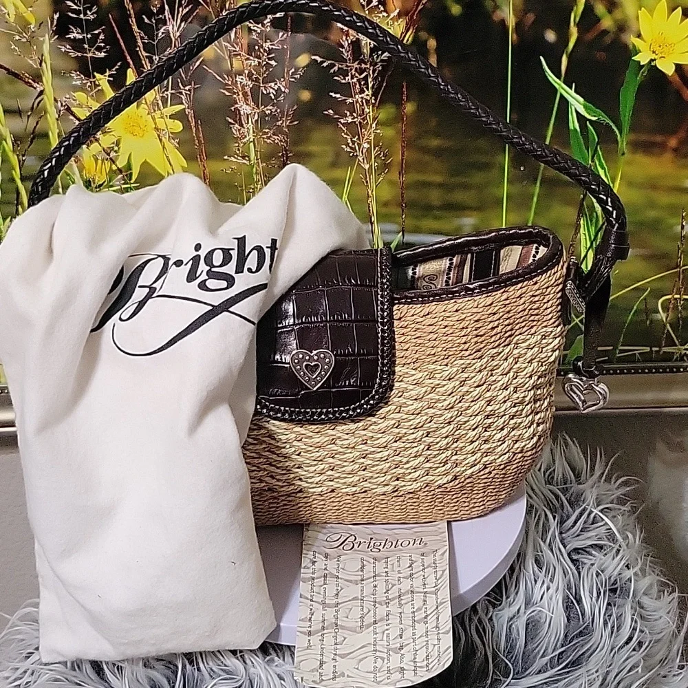 Brighton Woven Straw & Brown Leather Shoulder Bag w/ Heart Charm + Dust Bag - Picture 8 of 12